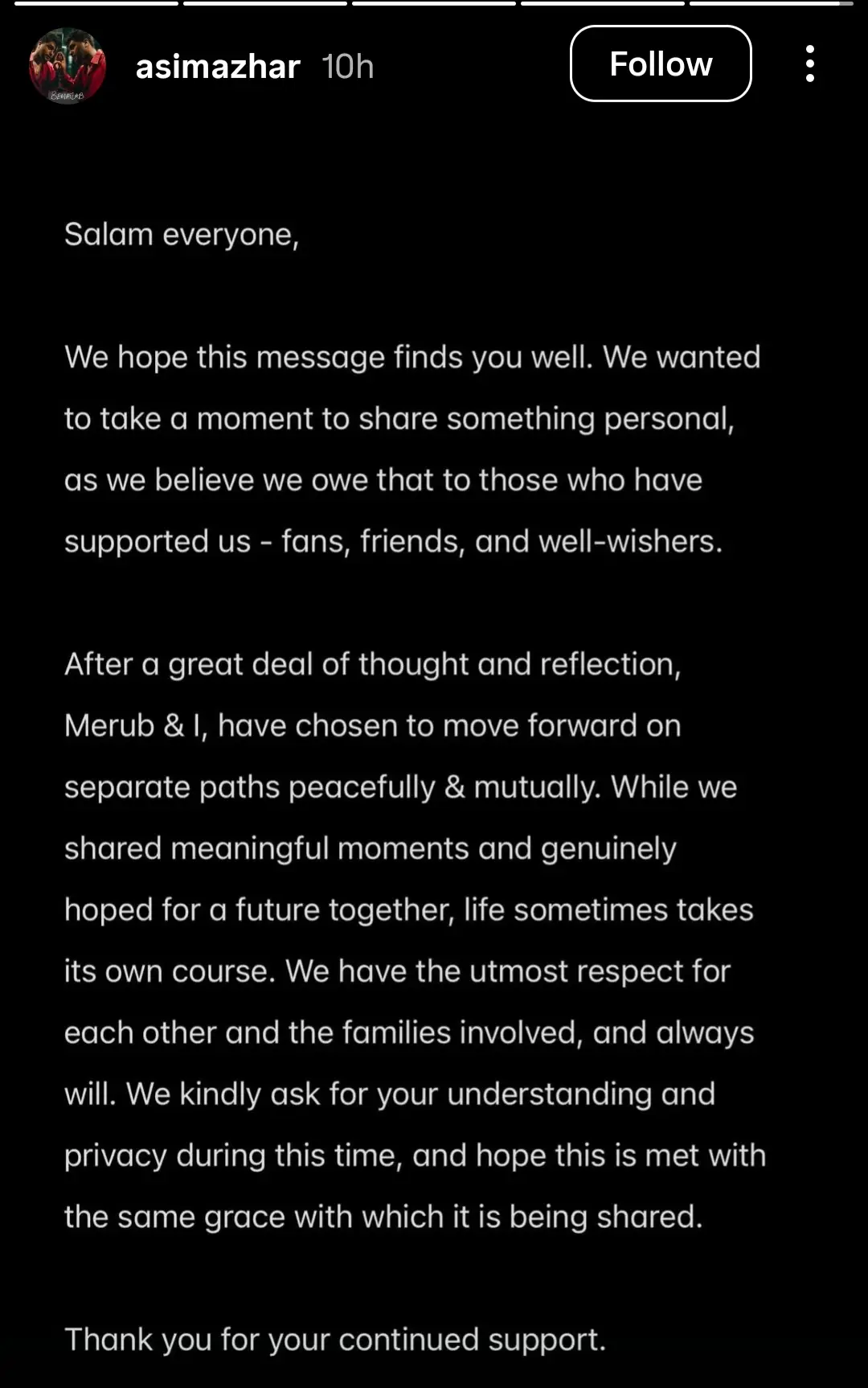 Asim Azhar and Merub Ali breakup Instagram story