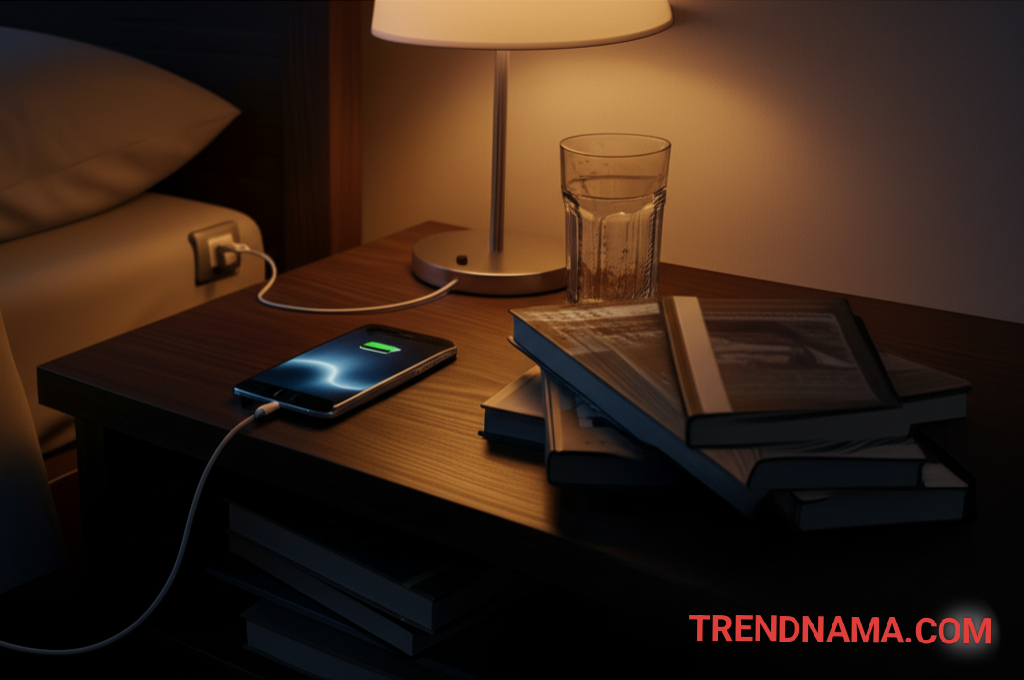 Smartphone charging on a wooden nightstand beside a bed under warm lamp light