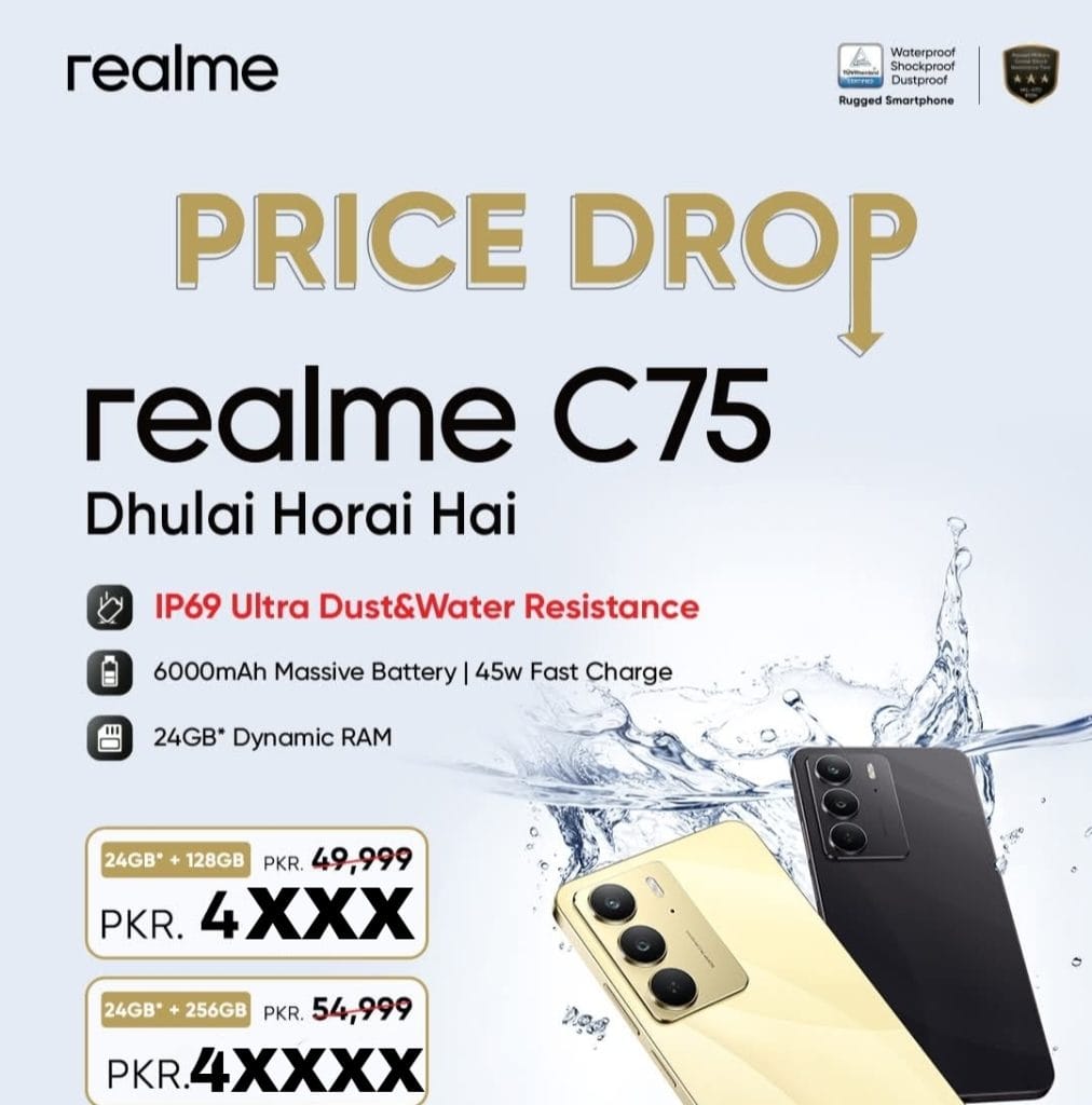 Realme C75 Gets a Massive Price Drop: IP69, 6000mAh Battery & More Affordable Than Ever! Realme C75 smartphone showing its display and sleek design after its massive price drop in Pakistan. Features IP69 water resistance and 6000mAh battery