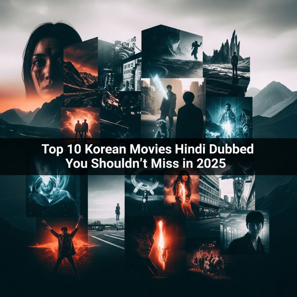 Top 10 Korean Movies Hindi Dubbed You Shouldn’t Miss in 2025 Abstract collage of Korean movie elements with "Top 10 Korean Movies Hindi Dubbed You Shouldn't Miss in 2025