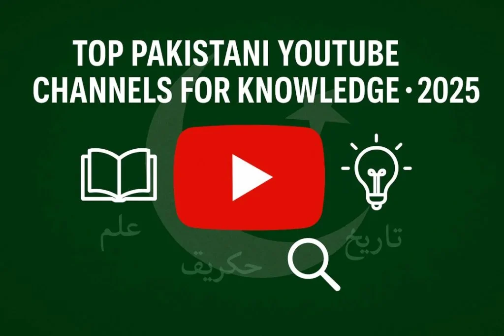 Best Pakistani Informative YouTube Channels to Follow in 2025 Top Pakistani YouTube channels for knowledge in 2025 featuring YouTube logo, Pakistani flag theme, and icons for education, history, and learning