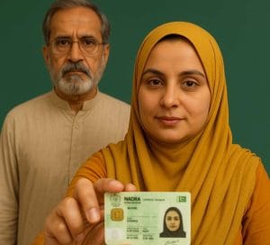 Pakistani girl holding her CNIC with her father standing behind her, representing NADRA's new policy for married women.